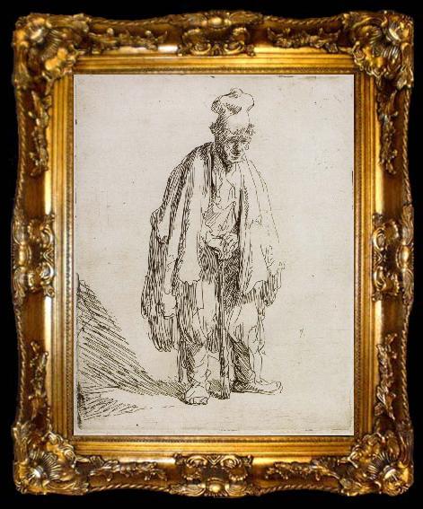 framed  REMBRANDT Harmenszoon van Rijn Beggar in a high cap,Standing and Leaning on a stick, ta009-2